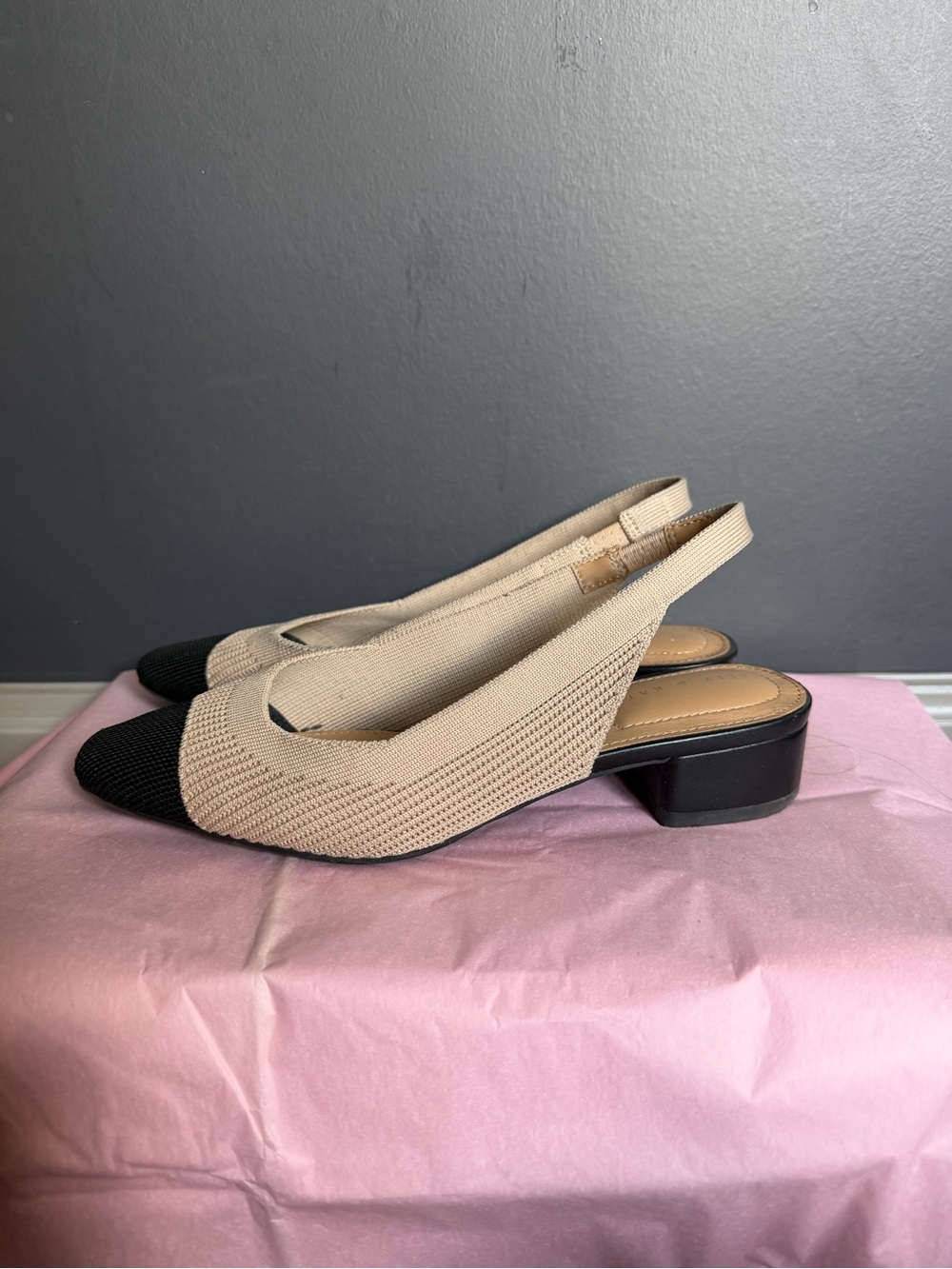 Kelly & Katie Beige and Black Knit Slingback Kitten Heel